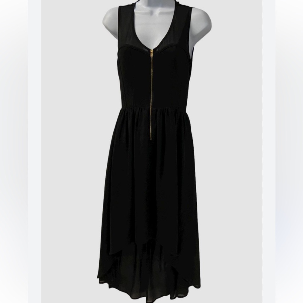 Sans Souci Sz L Black Sleeveless Dress exposed from zipper hi-low semi sheer SzL